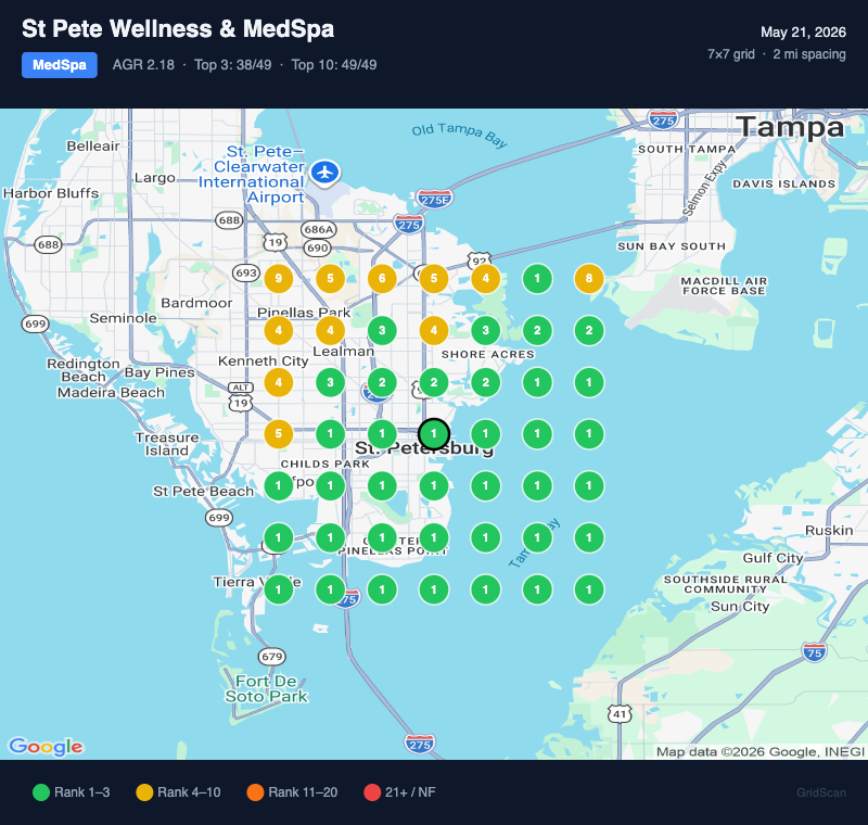 Grid rank map for 'MedSpa' across St. Petersburg — average rank 2.18, mostly top 3